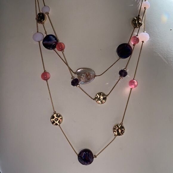 Multi-Strand Pink Purple Beaded Layered Floating Women’s Necklace - Picture 3 of 8